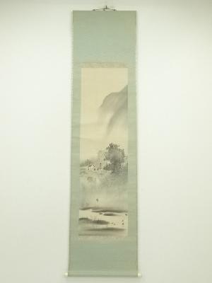 竹坡筆　山村風景図　肉筆絹本掛軸